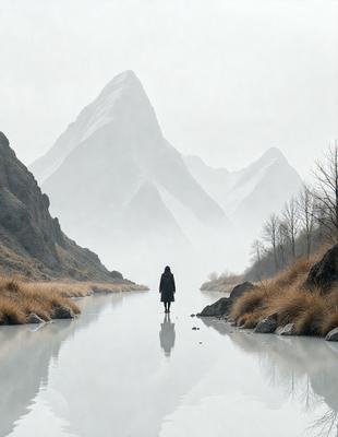 The primary subject of the image is a person walking along a river, surrounded by mountains. The setting is a natural environment with a body of water and a mountainous landscape. The visual style is a black and white photo, which adds a sense of timelessness and emphasizes the contrast between the person and the natural elements. The colors and mood of the image are predominantly dark and moody, with the person standing out as the focal point.